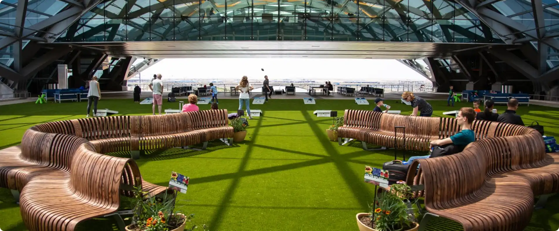 commercial outdoor seating on artificial grass lawn