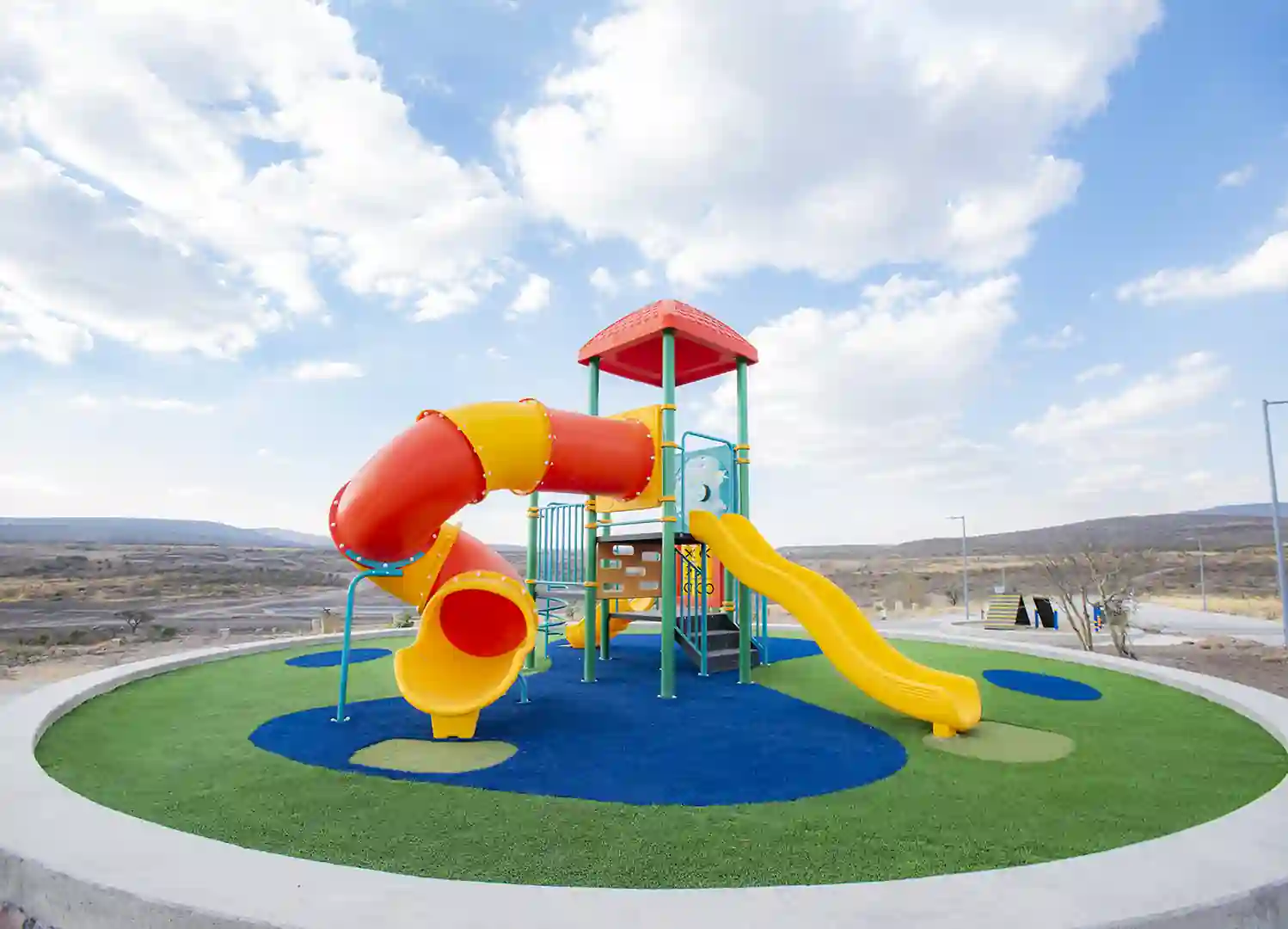 playground installed on artificial grass lawn